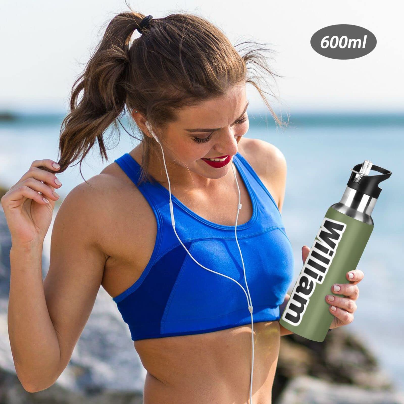 Isolierflaschen mit Griff, 900 ml, Olivgrün, auslaufsicher, mit Strohhalm-Deckel, Trinkflasche Thermoflasche für Wandern, Radfahren, BAP-frei