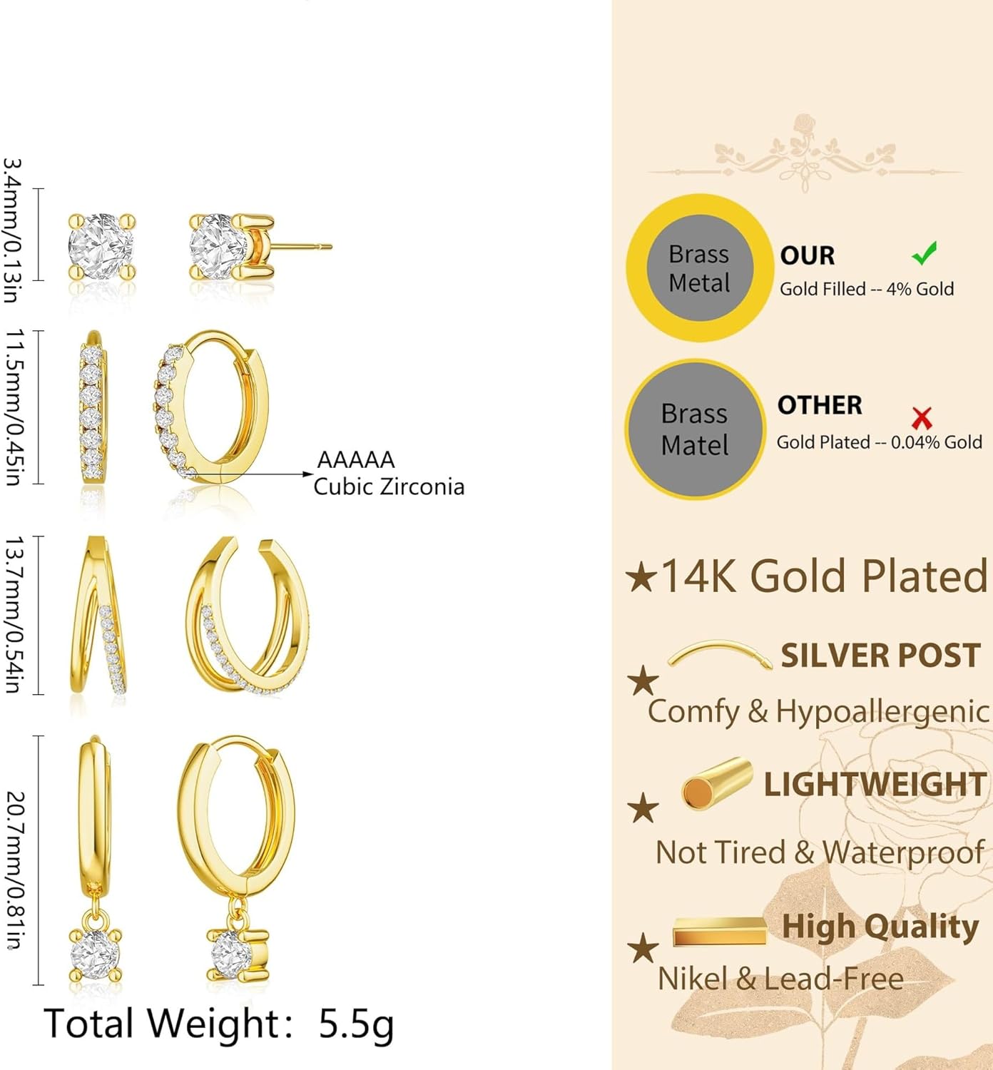 4 Pcs 14K Gold Plated Hoop Earrings for Women - Small Huggie Hoop & Dangle Stack Design, Dainty Hypoallergenic Non Tarnish Jewelry, Trendy CZ Stud & Ear Cuff for Multiple Piercing & Cartilage Valentines Day Gifts - Image 6