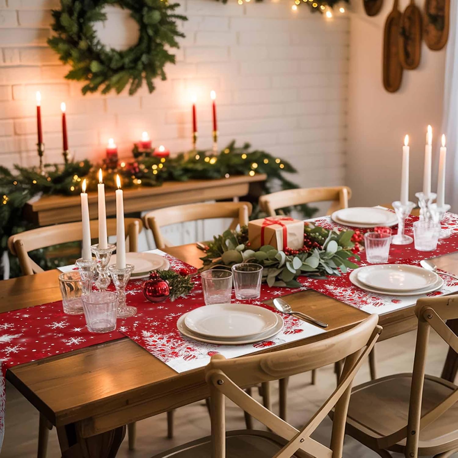 Christmas Placemats White Snowflakes Pine Tree Place Mats for Dining Room Dinner Table Xmas Balls Red Washable Table Mats Kitchen Dining Decorations Anniversary Set of 8