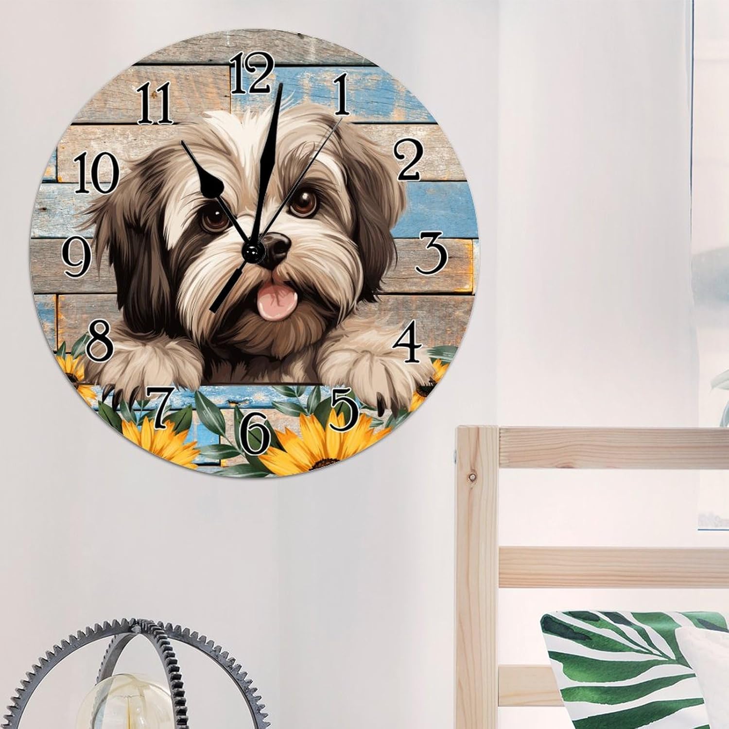 Clocks Lhasa Apso Wooden Clock Lhasa Apso Cute Funny Peeking Dog Puppy Clocks for Wall Non-Ticking Battery Operated Round Clock Puppy Dog Animal Clocks for Living Room 12x12in
