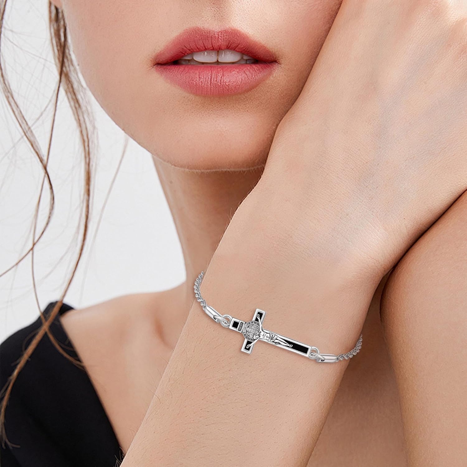 YFN Crucifix Cross Bracelet Sterling Silver St Benedict Medals Pendant Bracelet Jesus Baptism Christian Catholic Jewelry for Women Men