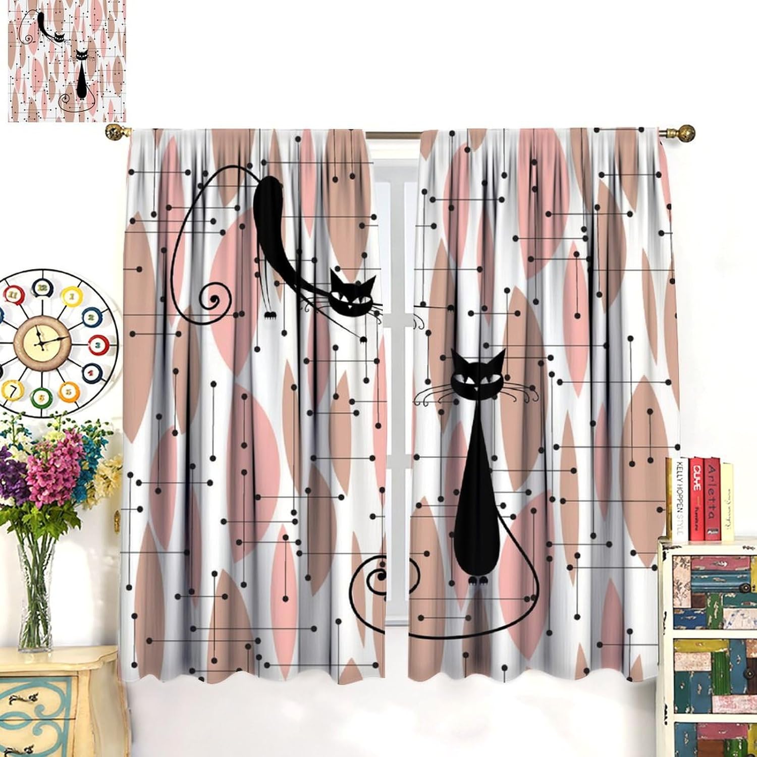 Mid Century Black Cat Curtains Abstract Modern Pink Geometric Pattern Blackout Print Rod Pocket Window Drapes for Bedroom Living Room 52x84in