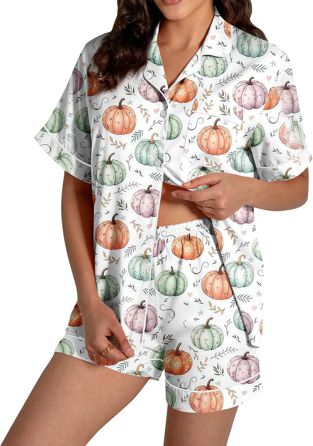 Halloween Pajama Sets for Women 2 Piece Ghost Pumpkin Print Pjs Set Button Down Short Sleeve Sleepwear