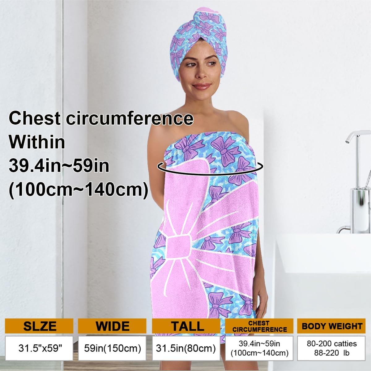 Bow Towel Wrap for Women Girls – Microfiber Shower Spa Wrap with Hair Towel Turban – Quick Dry Bath Skirt Set for Travel, Dorm, Pool, Beach, Gifts for Teen Girls (Bow 2)