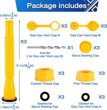 Gas Can Spout Replacement, Gas Can Nozzle, Flexible Pour Nozzle Suitable for Most 1/2/5/10 Gal Oil Cans, Fuel Can Spout Replacement with Gas Tank Vent Caps (3 Kits)