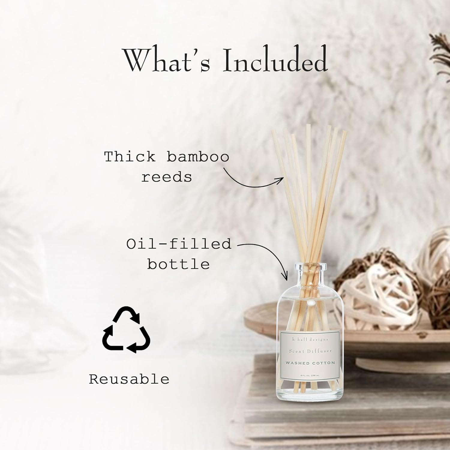 K. Hall Designs Washed Cotton Boxed Diffuser Kit, Refreshing Clean Scent, Reed Diffuser Set for Home, Long Lasting Aroma Diffuser, Refillable, 8 fl oz