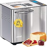 KOVIET 25-in-1 Bread Maker Machine: 2LB Stainless Steel with Dual Auto Dispensers, Gluten-Free, Jam, Yogurt Settings - Silver