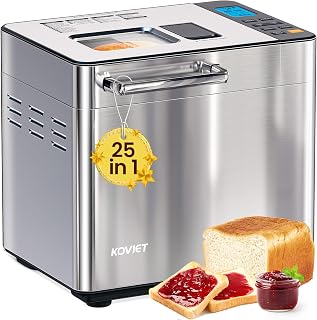 KOVIET 25-in-1 Bread Maker Machine: 2LB Stainless Steel with Dual Auto Dispensers, Gluten-Free, Jam, Yogurt Settings - Silver