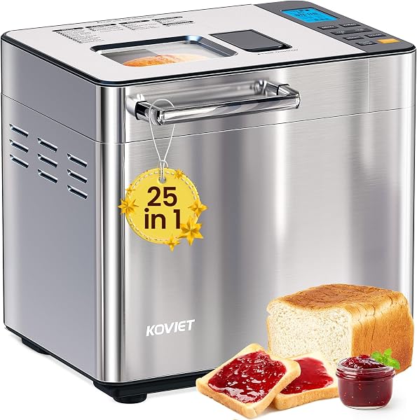 KOVIET 25-in-1 Bread Maker Machine with Automatic Dual Dispenser, 2LB Stainless Steel Breadmaker with Gluten-Free, Dough