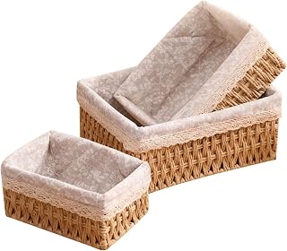 Set de 3 Cestas de Almacenamiento Tejeduría Estilo Boho Cestas Organizadoras Decorativas para Baño, Tocador, Cajones y Salón（Amarillo）