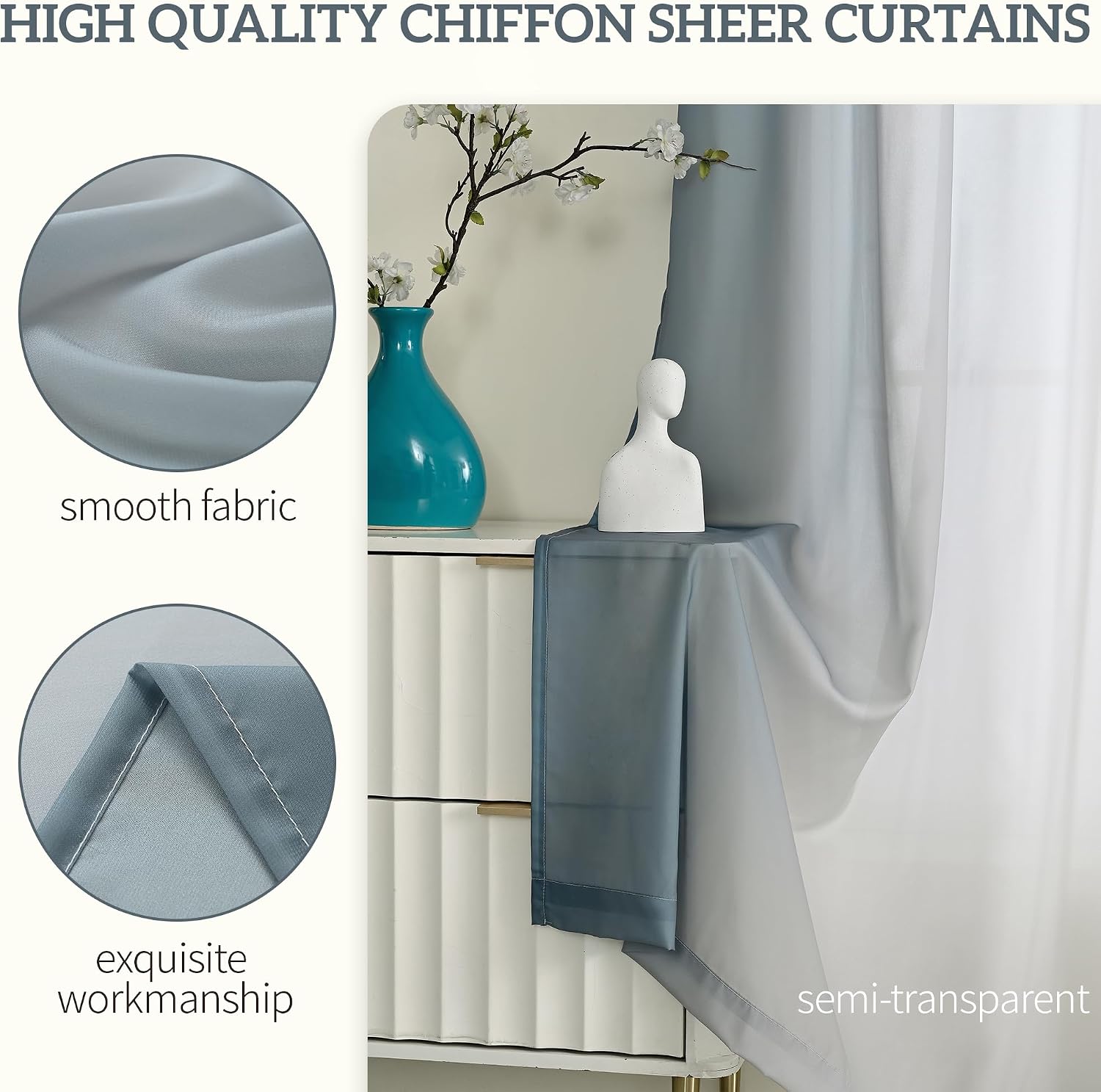 Set of 2 Chiffon Ombre Sheer Curtains, Gradient Window Curtain Panels Drapes, Grommet Top Semi Sheer, Voile Window Treatment for Girls Bedroom, Living Room, Patio Door, 52 x 63 in, Blue-Grey