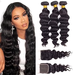 16A Loose Wave Bundles with Closure Human Hair (16 18 20+14") 100% Real Human Hair 3X Longer Lifespan 100% Unprocessed Brazilian Loose Deep Wave Human Hair Weave Bundles with Closure Natural Color