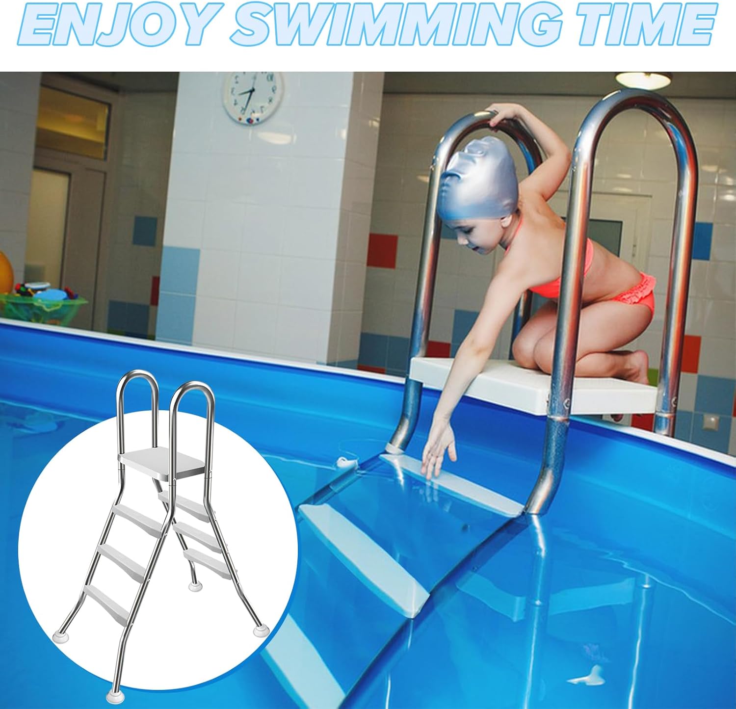 Above Ground Pool Ladder,42" Heavy Duty Luxury Pool Ladder,3-Steps Swimming Pool Ladder,304 Stainless Steel,for Indoor/Outdoor Pools,Anti-Slip Ladder, Easy to Assemble and Climb