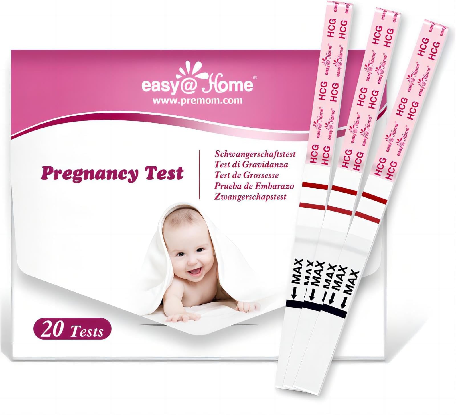 Pregnancy Detection Test Strips Kit: Easy@Home 20 HCG Tests 10miu/ml Powered by Accurate Fertility Tracker iOS and Android Premom App
