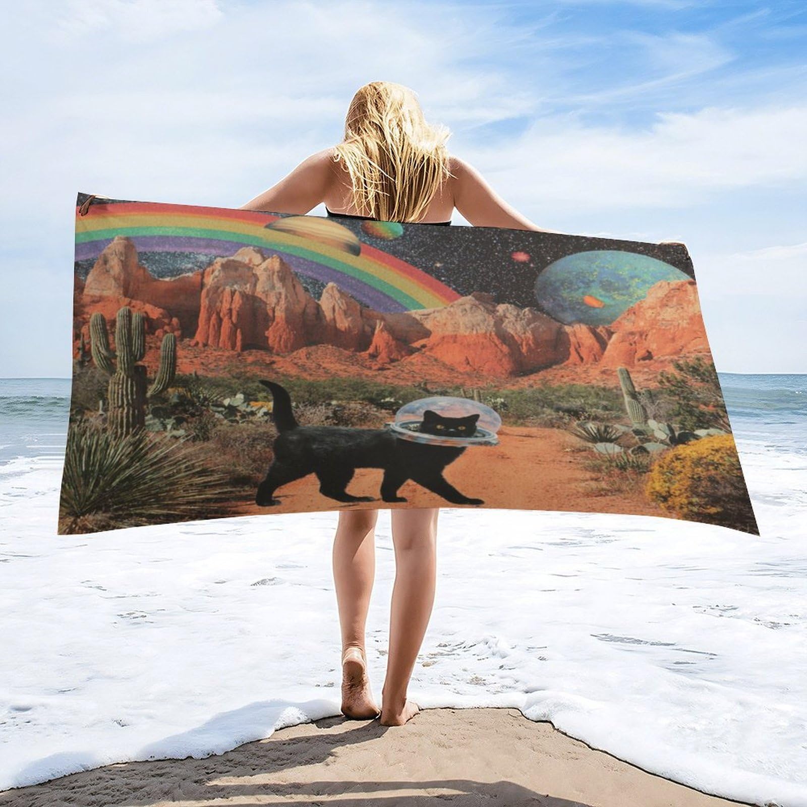 Luyysky Classic Aesthetic Black Cat Absorbent Beach Towel, Rustic Alien Theme Outer Space Galaxy Planet Animal Cat Plant Cactus Outdoor Single-Sided Velvet Beach Towel-80 W Cm X 160" L Cm