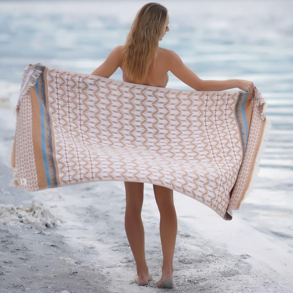 BAGNO MILANO Beach Towels Organic Turkish Cotton Soft, Quick Dry Oversized Turkish Towel Throw Blanket for Beach, Yoga, Spa, Pool (Myra Caramel, Beach Towel)