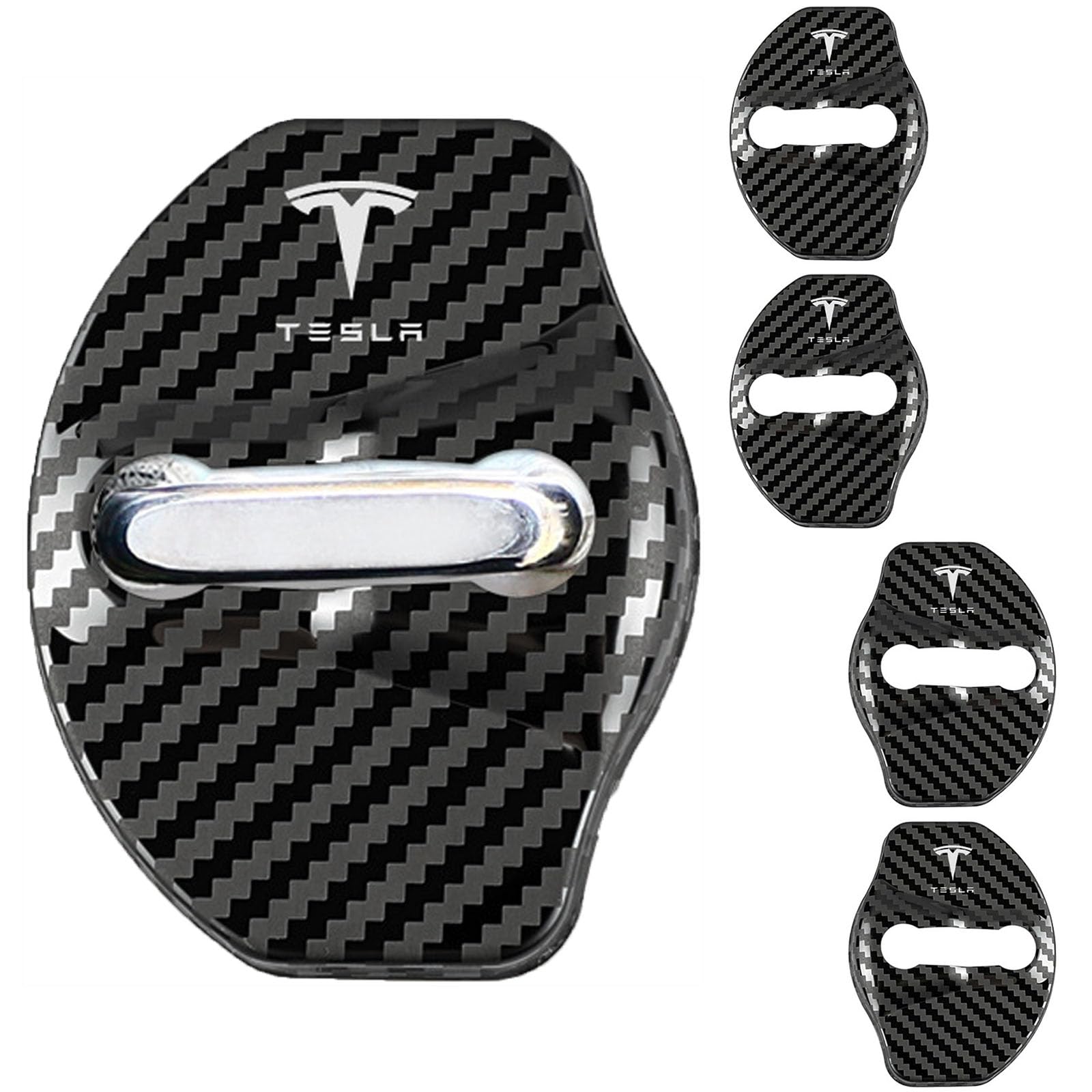 TOPKU Door Lock Cover Protector [Carbon Edition] [No Tape Requried], Anti-Scratch Door Striker Latches Sill Stopper Covers for Tesla Model 3/ Y/S/X,Set of 4
