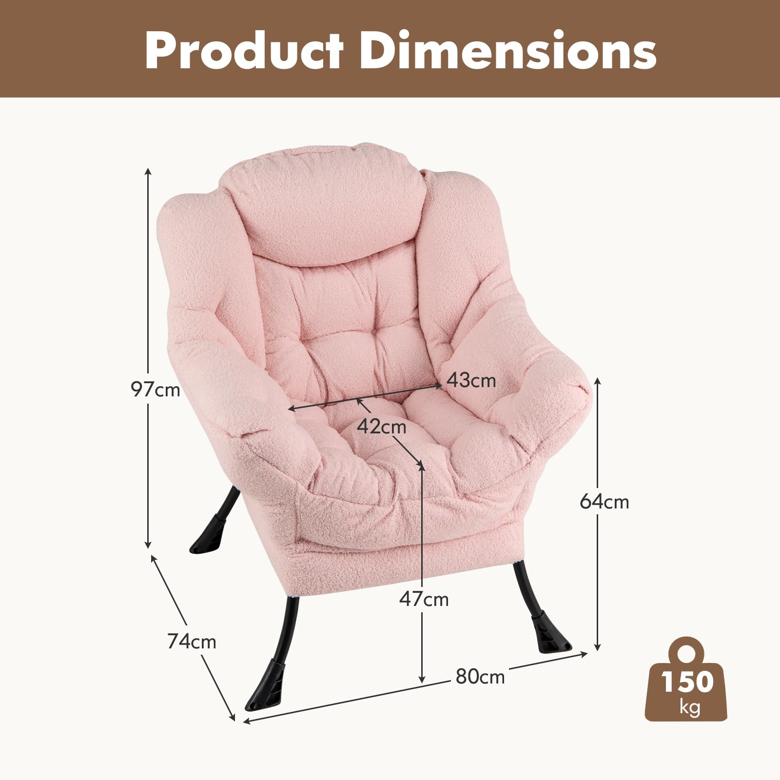 HOMASIS Sillón reclinable tapizado, sillón con reposabrazos y Almohada, sillón de Lectura con Bolsillo Lateral, sillón TV en Tela y Metal para salón Dormitorio (Modelo 1 sin Taburete, Rosa)