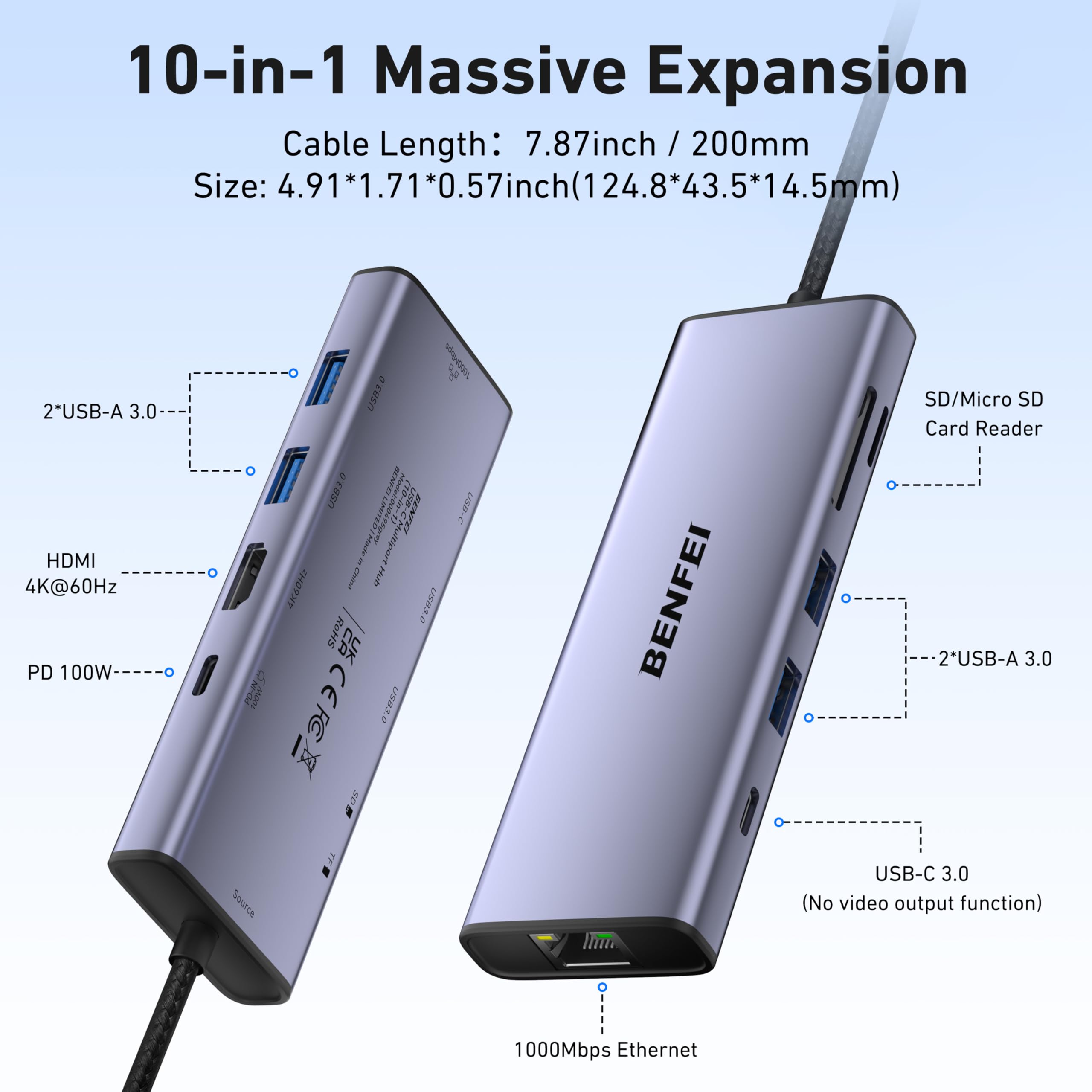 BENFEI Hub USB-C 10 w 1 ze stacją dokującą, HDMI 4K 60 Hz, Gigabit Ethernet, PD 100 W, transfer danych USB-C 5 Gb/s, 4 porty USB-A 3.0, czytnik kart SD/TF 170 MB/s