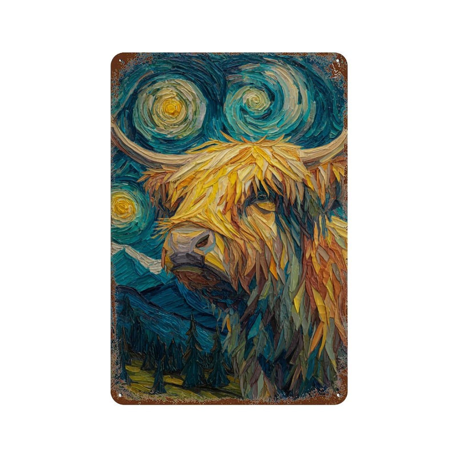Garage Style Starry Night Highland Cow Art Print Rustic Tin Plaque 11.8"x7.9", Vintage Wall Decor for Bar And Workshop