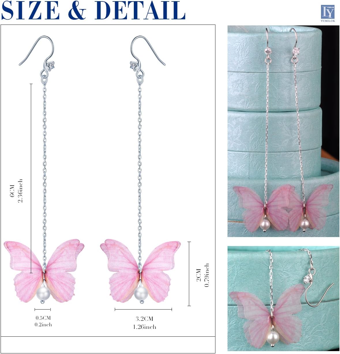 Yumilok Jewelry 925 Sterling Silver Cubic Zirconia Pearls Hypoallergenic Butterfly Dangle Drop Earrings for Girls