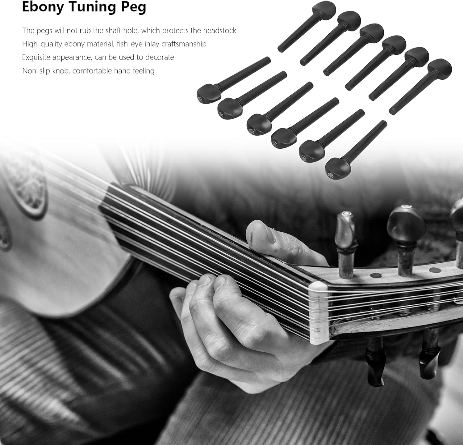 Oud Ebony Pegs, 12Pcs 8.7cm Wooden Tuning Replacement Ebony Pegs with Fisheye for Oud