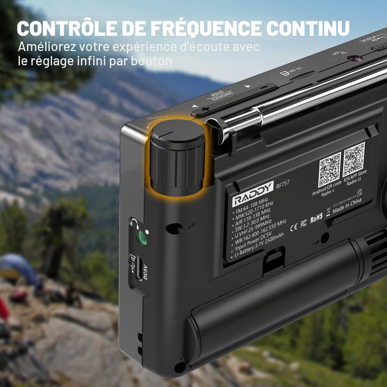 Raddy RF757 Radio à Ondes Courtes de contrôle par Application, Radio Portable avec réception AM/FM/SW/VHF/UHF/CB/AIR, Batterie 2500 mAh, 1000 préréglages, Casque, antenne Filaire, Alarme & SOS