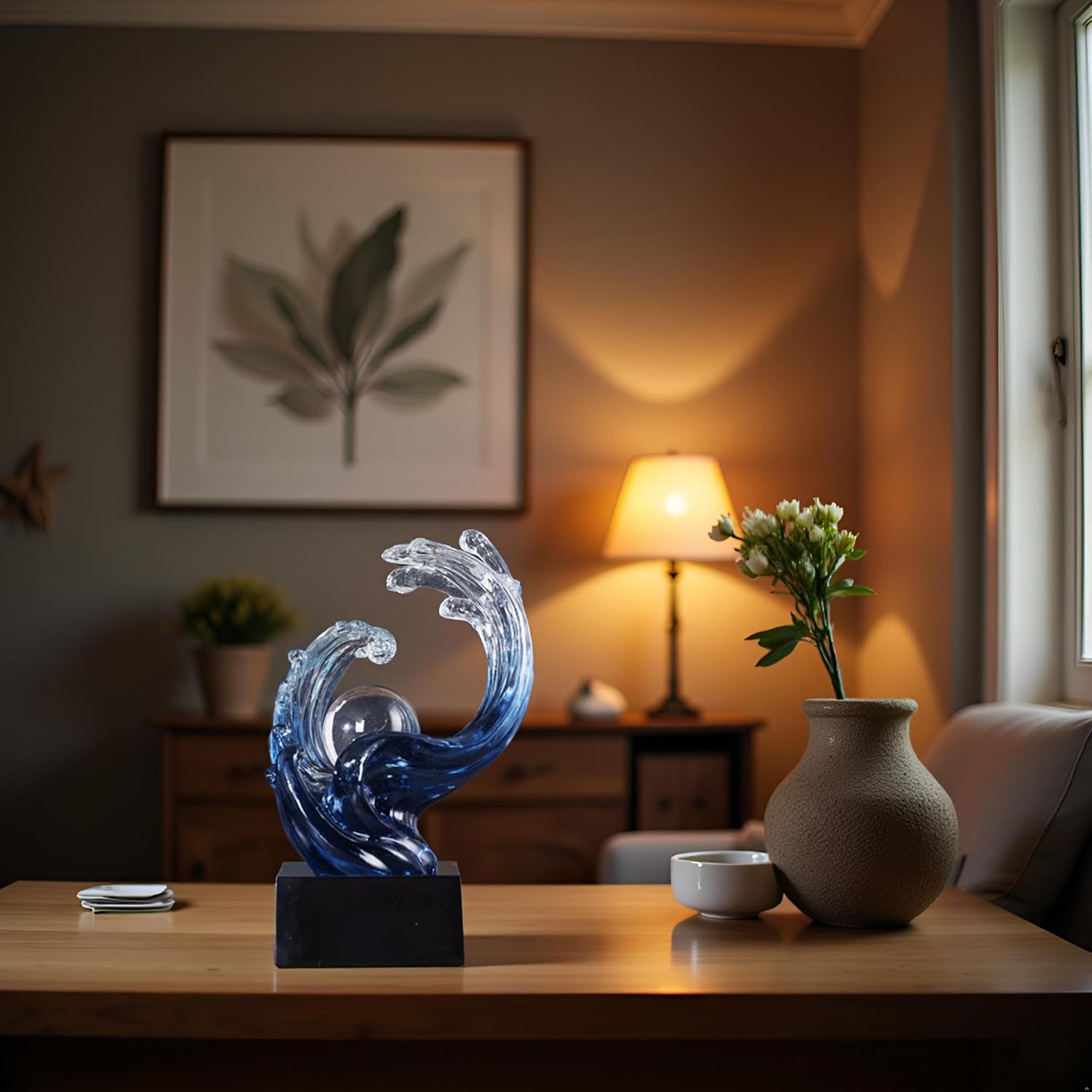 Modern Abstract Decorative Wave Statue, Gold Abstract Art Home Decor,Crystal Ball Art Wave Resin Sculpture, Office Desk Stand, Dining Table Center Decorative Aesthetics (Blue) - Image 5