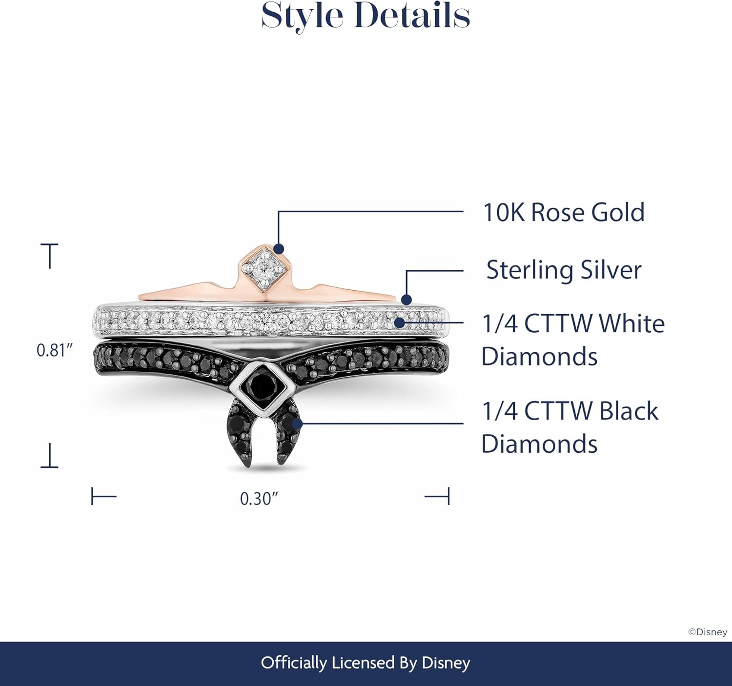 Jewelili Enchanted Disney Fine Jewelry Sterling Silver and 10K Rose Gold 1/4 Cttw Black Heat Treated with Diamond Aurora Duo Set Ring
