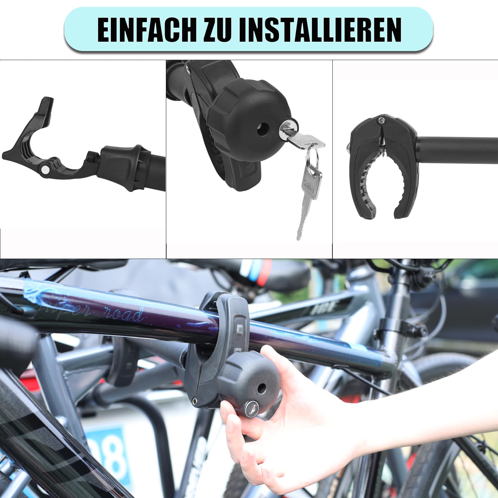 Warmfay 3 soportes para marco de bicicleta de color negro, 25 cm de largo + 32 cm + 45 cm, se puede cerrar con llave, para tubo de estribo en U: Ø 3,0 cm, soporte universal de repuesto para todos los