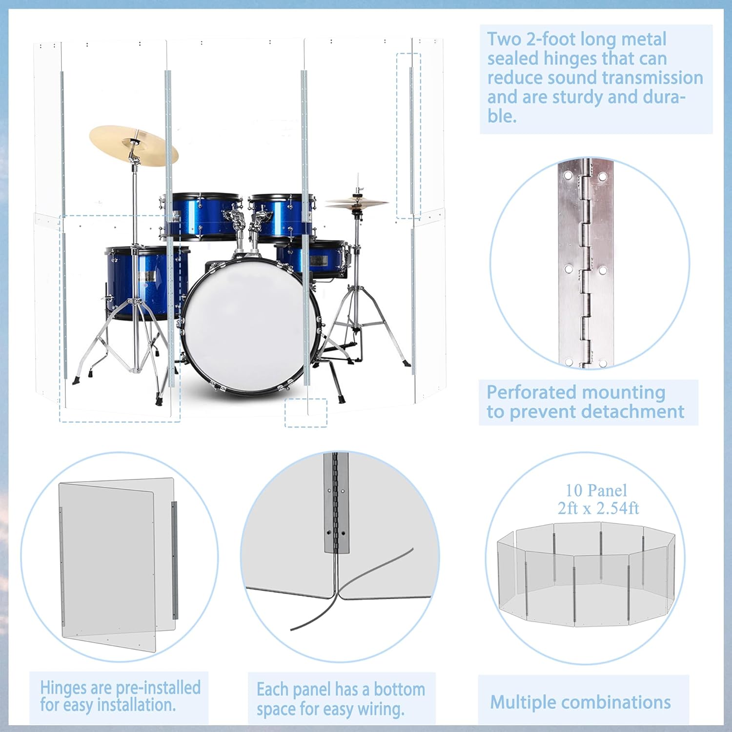 Drum Shield – 5 Panels – Converts to 10ft x 5ft Drum Cage – Pre-Installed Full-Length Stainless Steel Hinges. For Practice & Performance.