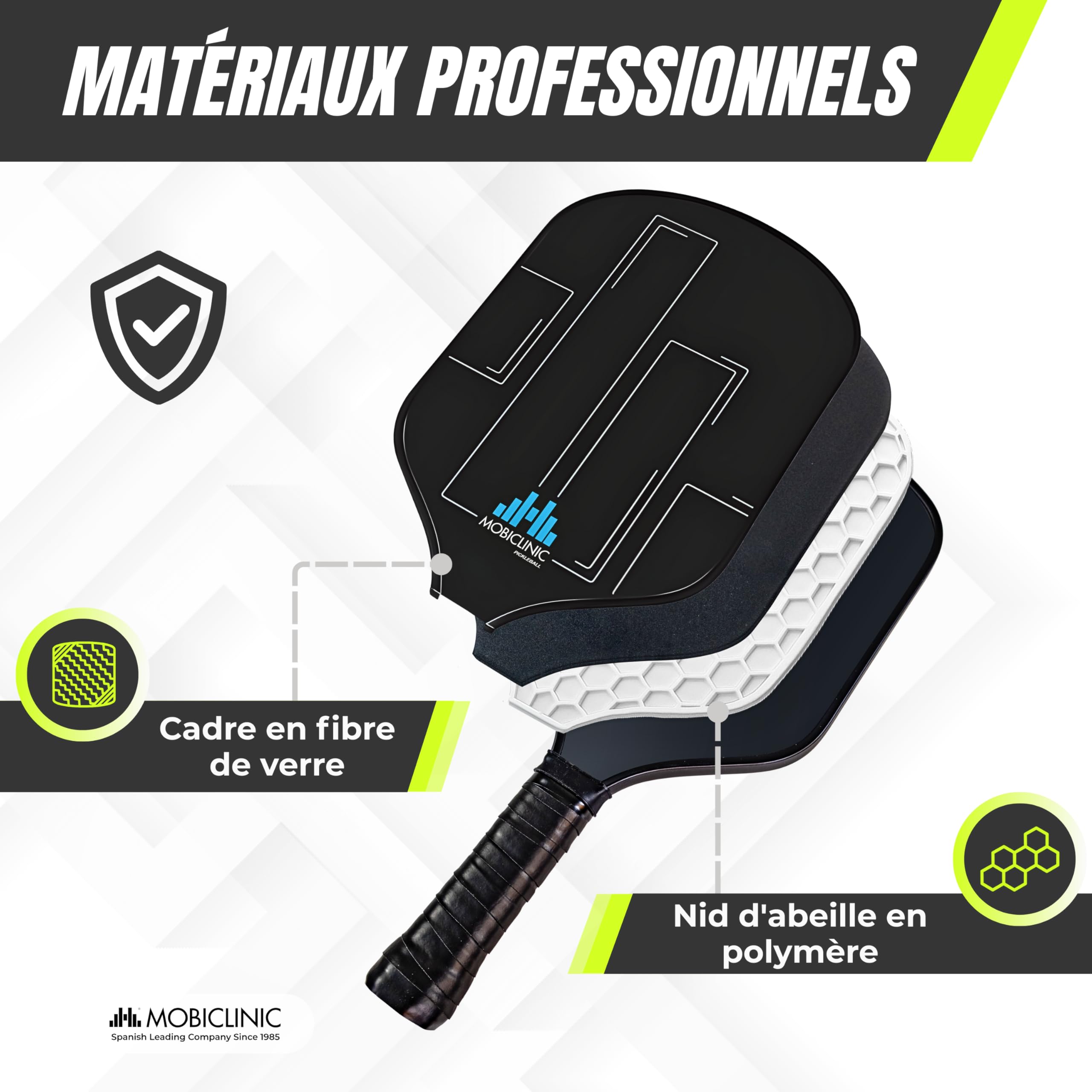 Mobiclinic®, Ensemble de Pickleball, Raquettes en Fibre de Verre, Balles D'intérieur et D'extérieur, Sac de Transport, Noyau en Polypropylène Alvéolé, Grip (4 Raquettes + 8 balles + Filet)