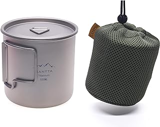 SANTTA Camp Cup MUG with Lid & Pouch, 18.6 oz Ultra Light Titanium Cup with Foldable Handle Camping Mug 550mL