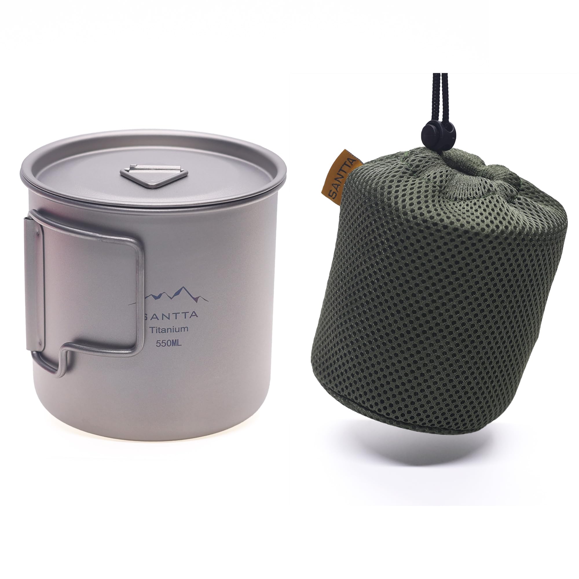SANTTA Taza de campamento con tapa y bolsa, taza de titanio ultraligera de 550 ml con asa plegable, taza de camping