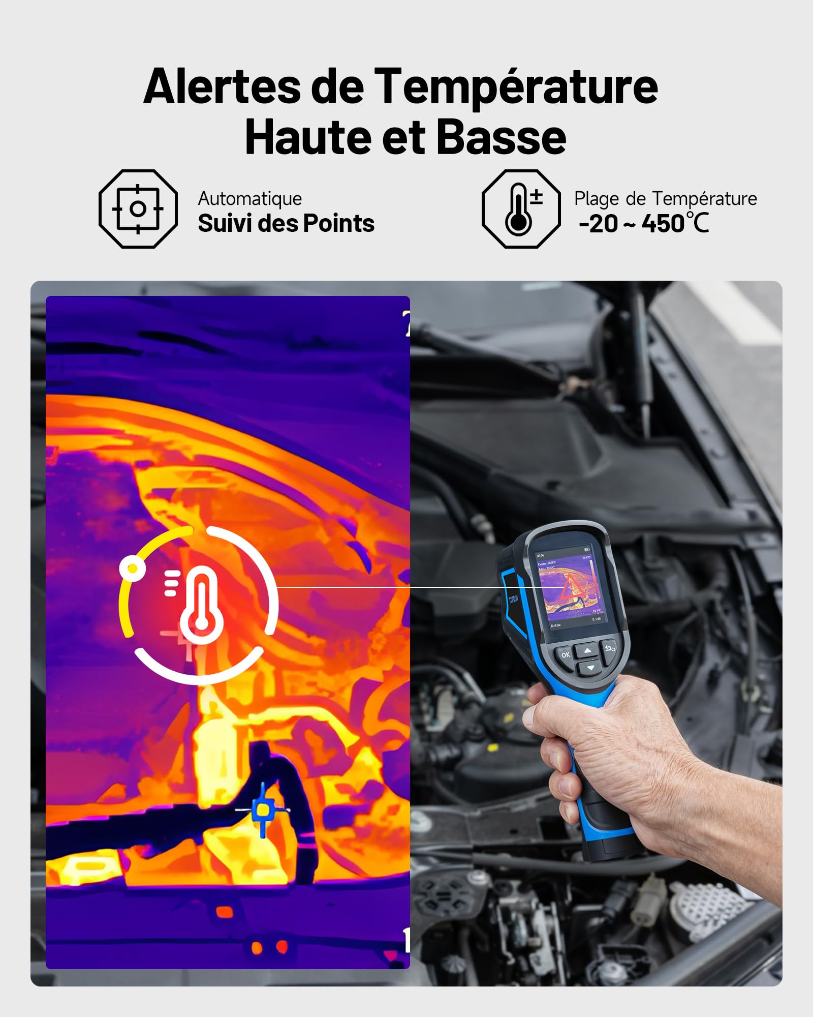 TOPDON TC004 Mini Camera Thermique Infrarouge, 240x240 IR Résolution Camera Infrarouge, 15 Heures d'Autonomie, -20°C à 450°C, 25Hz Taux de Rafraîchissement, Alertes de Température Haute/Basse