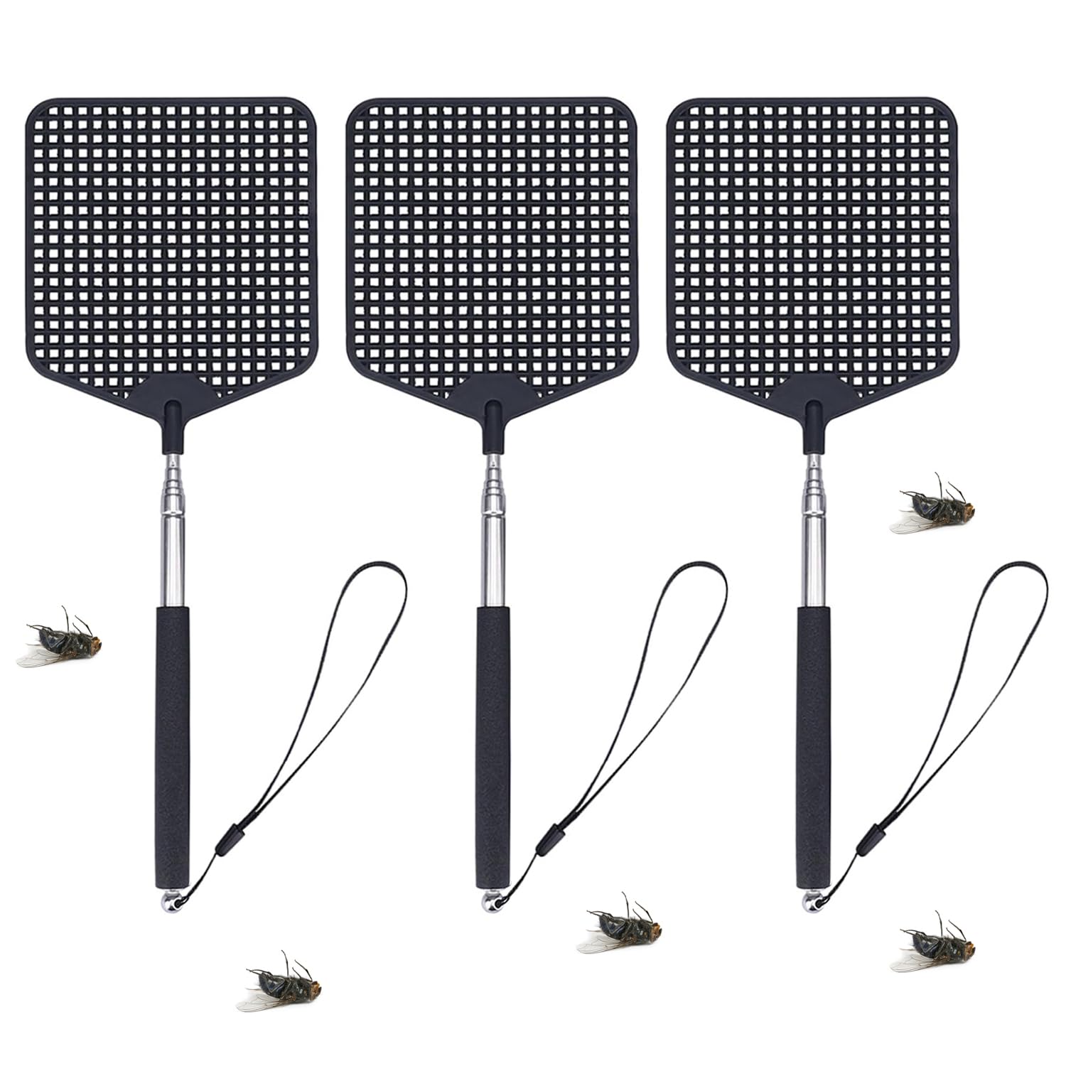 Paletta Mosche, 3 pezzi Paletta Scacciamosche Estensibile, Asta in Acciaio Inox, Allungabile Fino a 74 cm, Nero