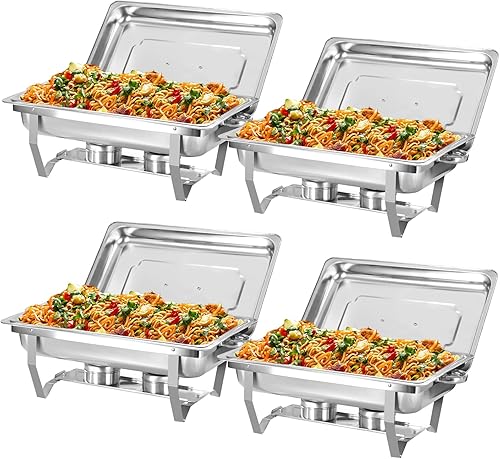 Juego de 4 platos para bufé, de acero inoxidable de 8 cuartos de galón, plegable, rectangular, tamaño completo, servidores de comida con cubiertas,