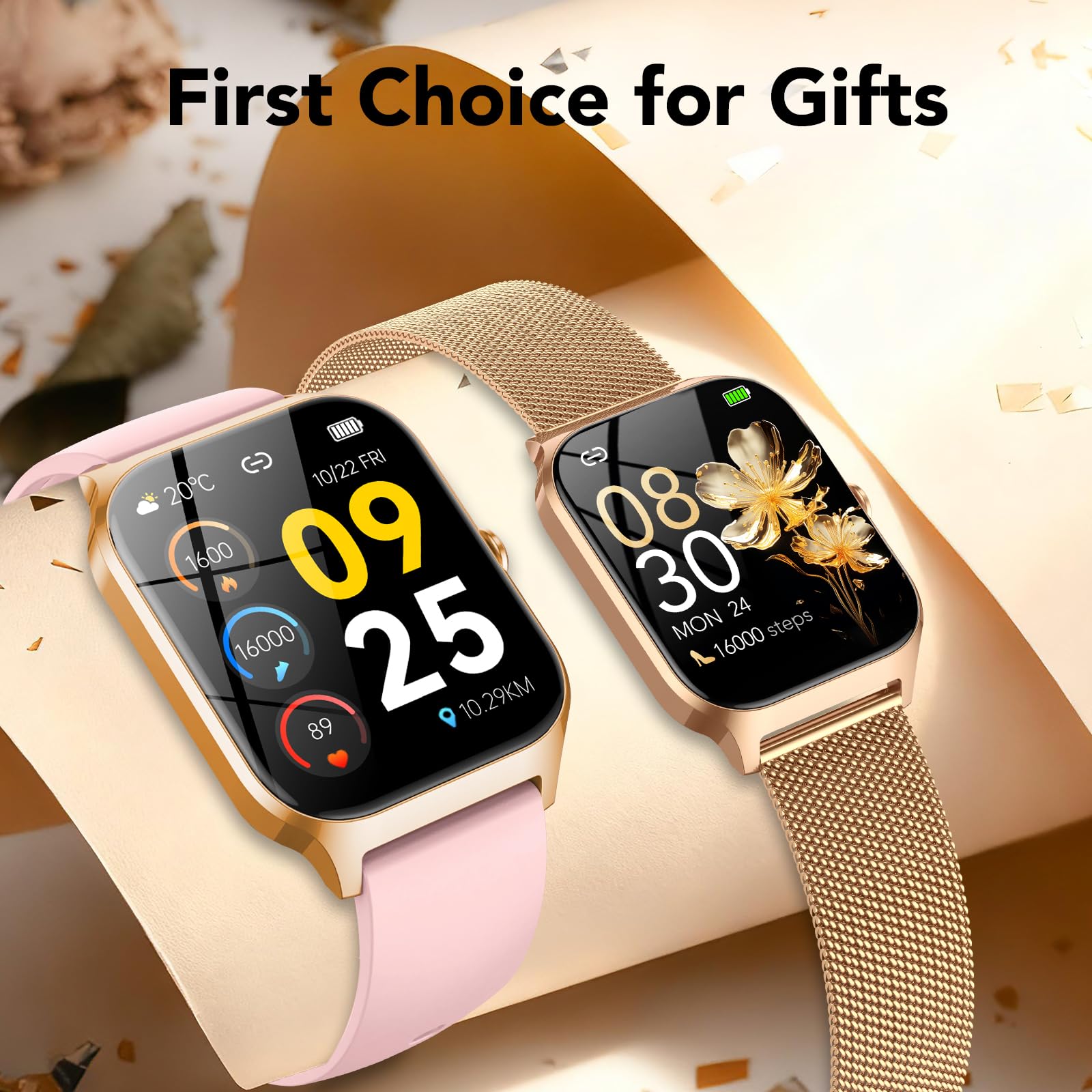 CASCHO Smart Watches for Women (Android/iOS), 1.85" HD Smart Watch with Calls/Messages/AI Voice Control, Sleep/Heart Rate, 120+ Sports Modes Fitness Tracker Watch, Gold & Pink Dual Strap