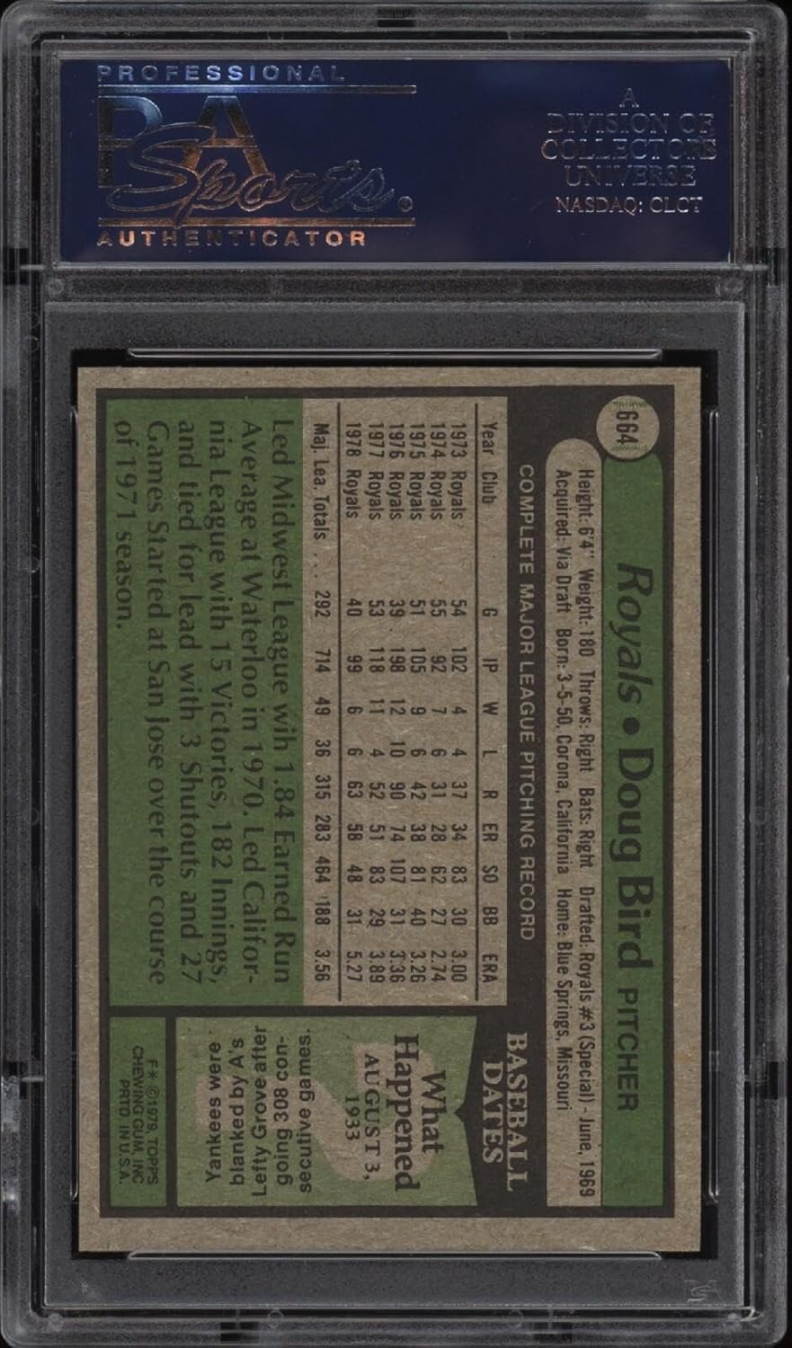 1979 Topps #664 Doug Bird - Royals - PSA 10-20813546 - Pop 8 - Baseball Card - Slabbed Baseball Cards