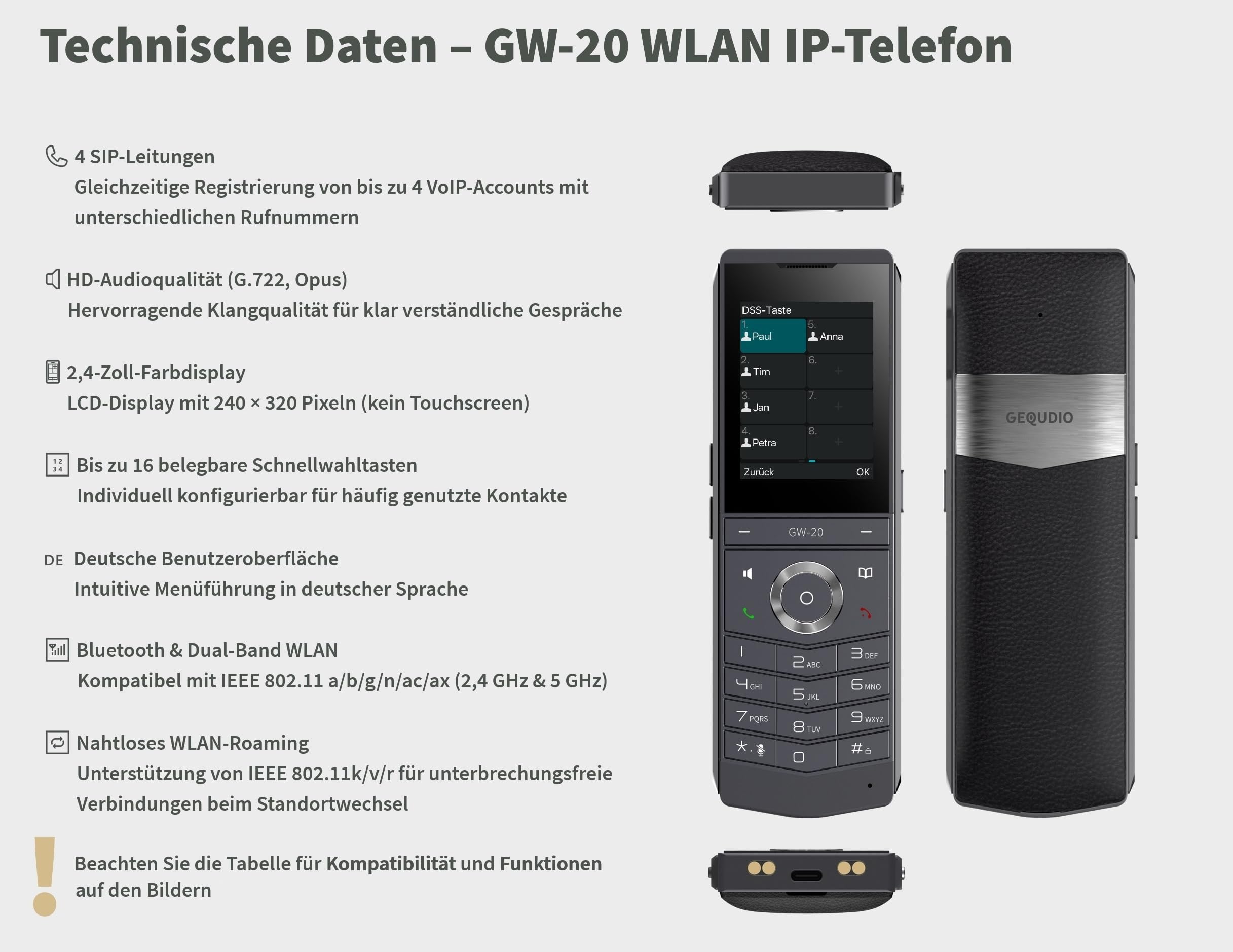 GEQUDIO GW-20 WLAN IP Telefon schnurlos | Wi-Fi 6 Modul, WLAN Roaming, IP67 wasserdicht, Bluetooth, Edition 2026