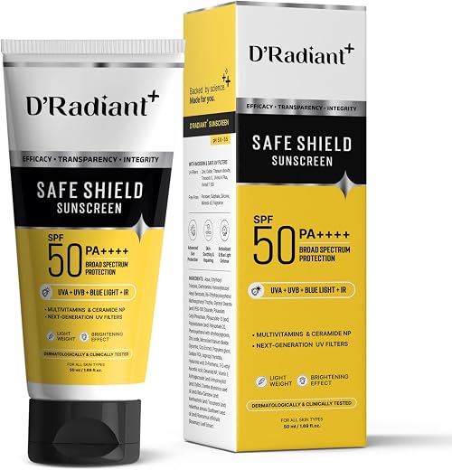 D’Radiant+ Safe Shield Sunscreen SPF 50 PA++++ | Broad Spectrum UVA, UVB, Blue Light, Infrared Protection | Modern Uv Filt...