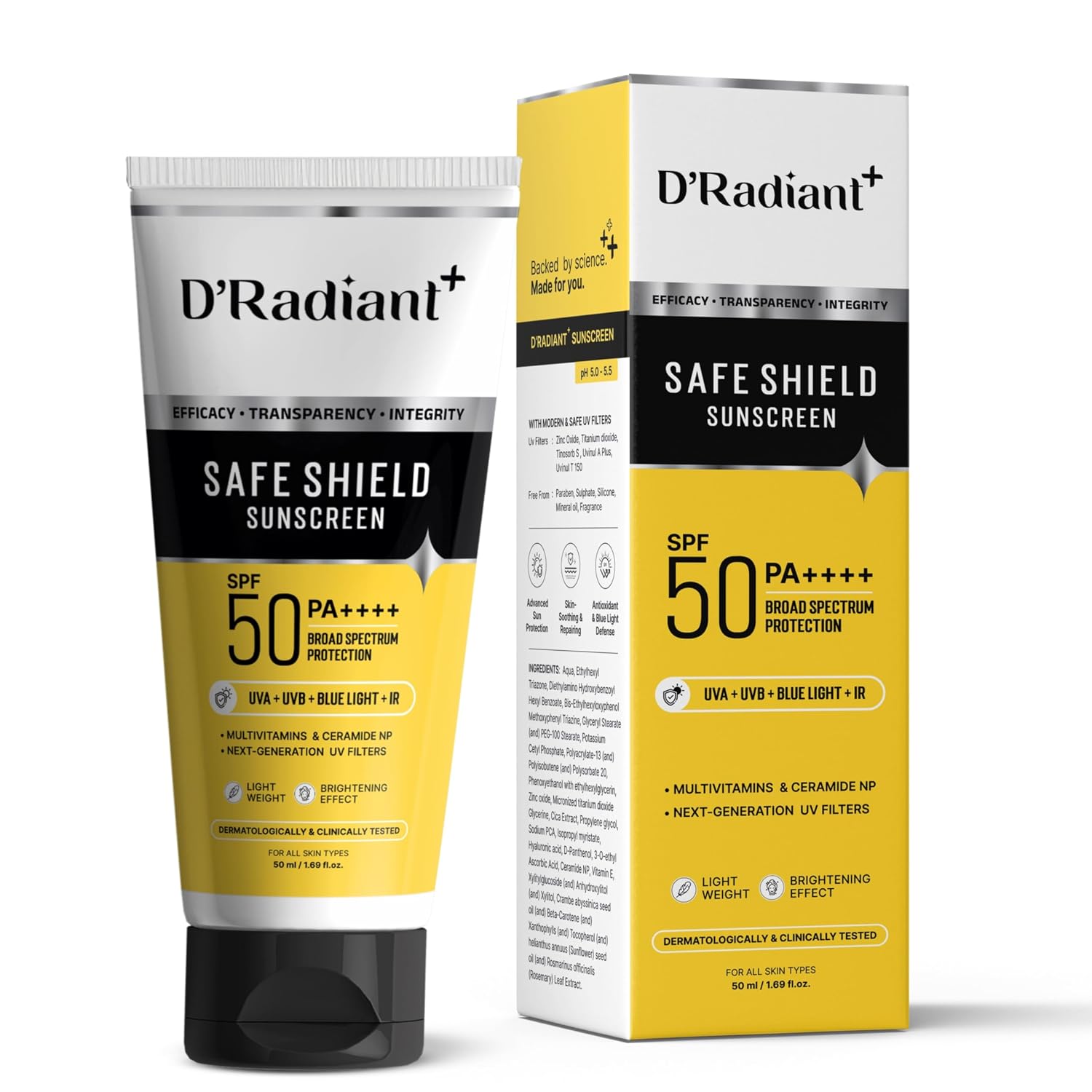 D’Radiant+ Safe Shield Sunscreen SPF 50 PA++++ | Broad Spectrum UVA, UVB, Blue Light, Infrared Protection | Modern Uv Filt...