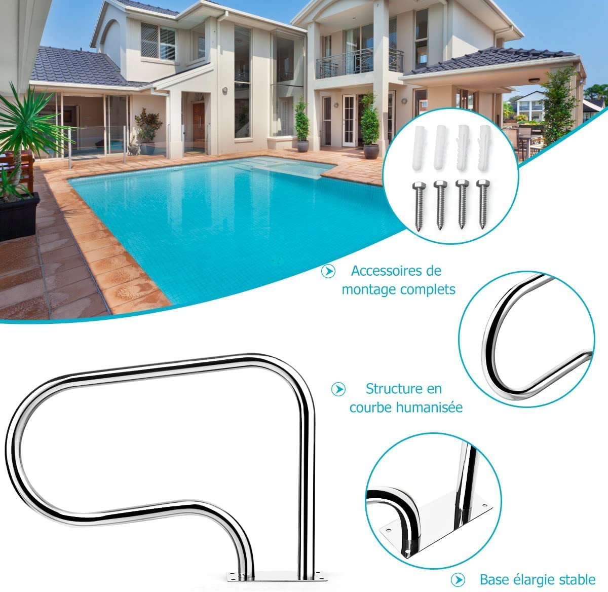RELAX4LIFE Rampe de Piscine en Acier Inoxydable 81X57 CM, Main Courante de Piscine avec Plaque de Base à Montage Facile Charge 200 KG, Barre d’Appui pour Enrée Piscine Spa Parc Aquatique