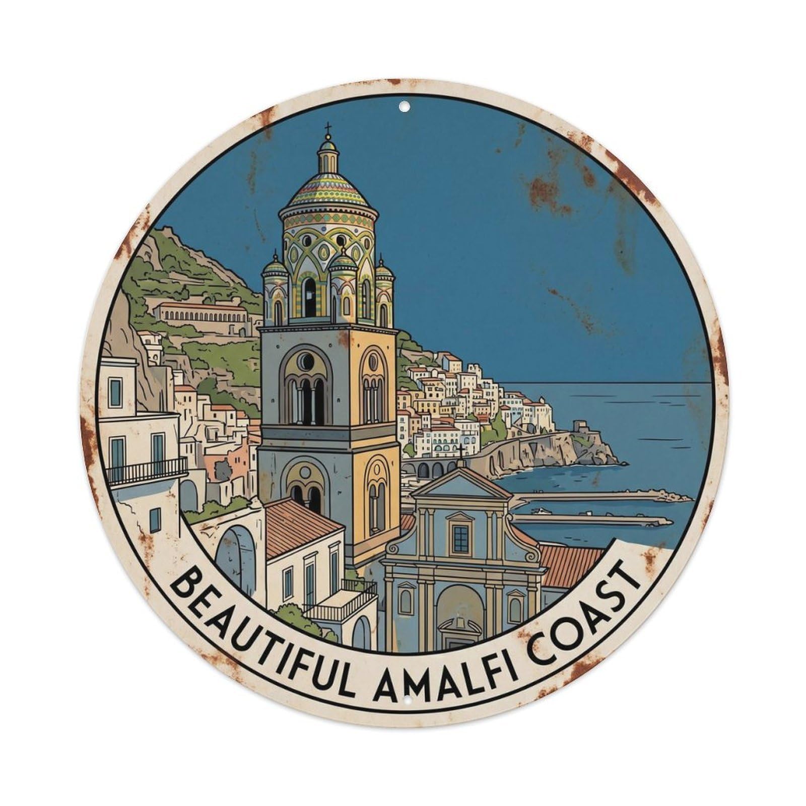 Italian Coast Seaside Church Tower Vintage Travel Mediterranean Metal Tin Sign Plaque Wall Decor for Cafe, Man Cave, Club Bar, Office, Home Garden Round Metal Poster 8x8Inch