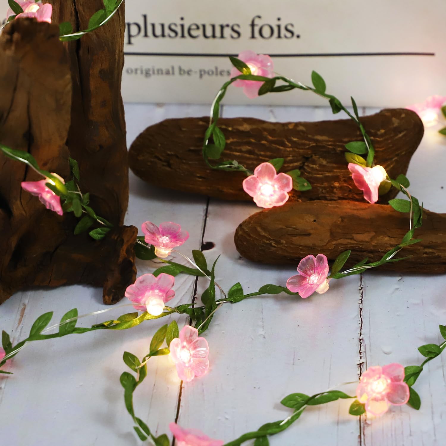 Cherry Blossom Decor Flower String Lights Vines with Fairy Lights Christmas, 30 LED Copper with Remote Control Battery Operated Pink Flower Garland Leaf for Locker, Wall,Christmas Decorations-4 Pack