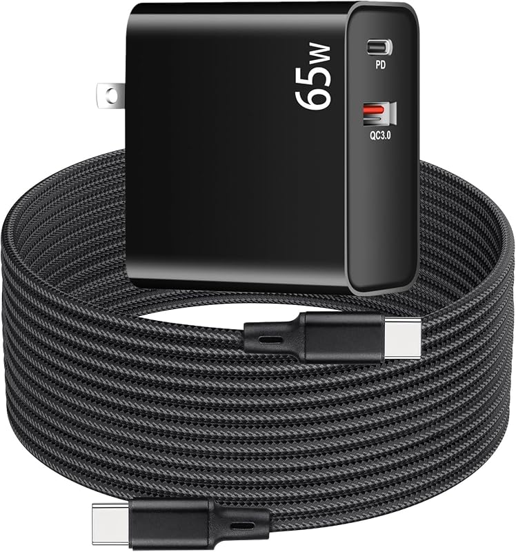 PD65W USB C Super Fast Charger for Meta Quest 3s & 3 & 2 VR Headsets, Black | Dual Port USB + Type C Adapter with 6.6ft Braided C to C Charging Cable for Oculus Quest 2 and Pico 4 Ultra