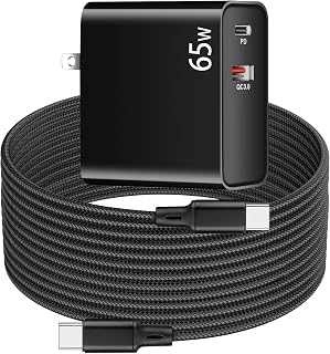 PD65W USB C Super Fast Charger for Meta Quest 3s & 3 & 2 VR Headsets, Black | Dual Port USB + Type C Adapter with 6.6ft Braided C to C Charging Cable for Oculus Quest 2 and Pico 4 Ultra