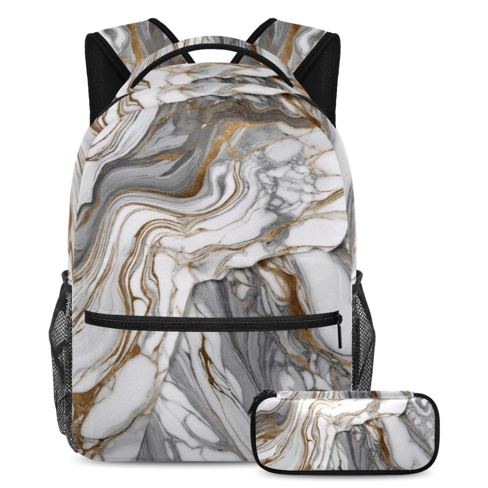 Sac à dos et trousse à crayons texture marbre blanc multicolore