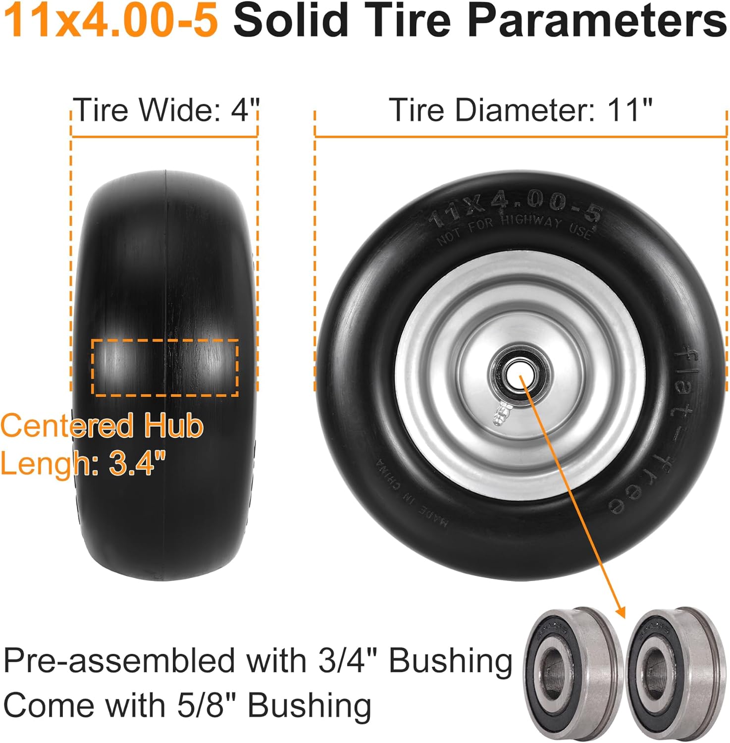 RUTU 2 Pack 11x4.00-5 Flat Free Tire and Wheel Assembly with 3/4" Precision bearings or 5/8" & 1/2",Replacement Tires 3.4"-4"-4.5"-5" Centered Hub,for Zero-Turn Lawn Mowers