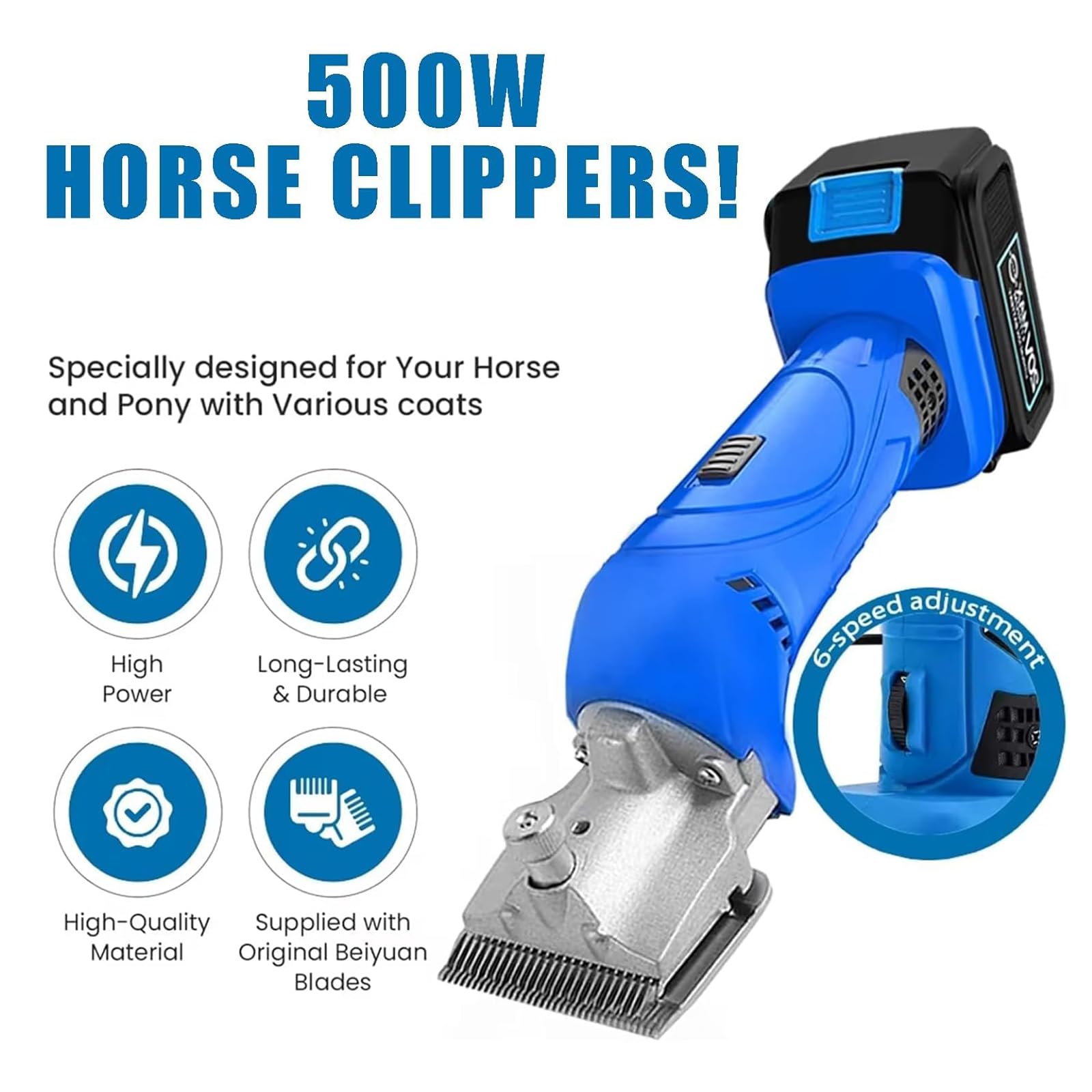 Cortadora eléctrica de pelo de caballo, cortadora de lana inalámbrica con 2 baterías, cuchilla desmontable, recortadora equina profesional de pelo de caballo de 2500r/min para mascotas, abrigos blue